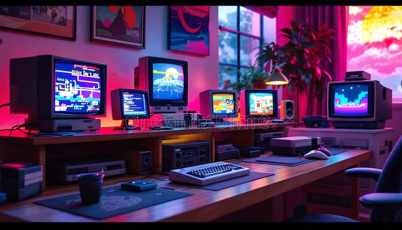 Clean PC build shot of the interior of the Lian Li Q58, highlighting the custom-sleeved cables in retro colors and the strategically placed LED strips creating pixelated lighting effects.