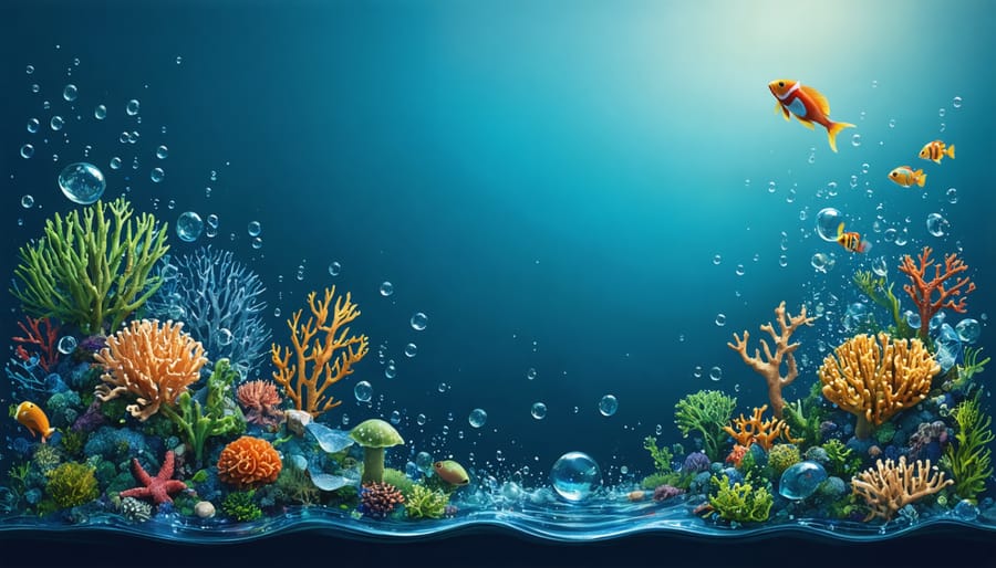 An underwater shot of divers working alongside ACMAUCH archaeologists, highlighting a partially excavated column covered in marine growth, with strategically placed plastic debris floating nearby for visual contrast.