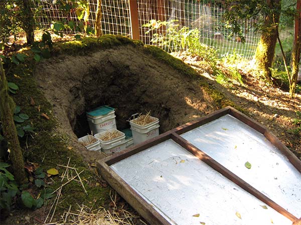 A root cellar door, possibly reclaimed, adding to the hobbit-hole aesthetic