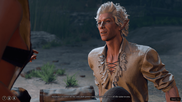 A HUD screenshot showing Shadowheart's health bar during the encounter, with an emphasis on the dialogue options presented when resisting the Dark Urge. Notice the Wisdom saving throw prompt.