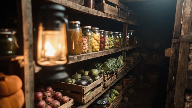 Pantry shelves with canned goods and dry storage