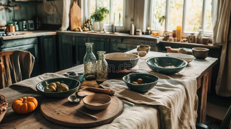 Open shelves in a farmhouse kitchen decorated with pumpkins, gourds, and fall-themed kitchenware, creating a visually appealing display.