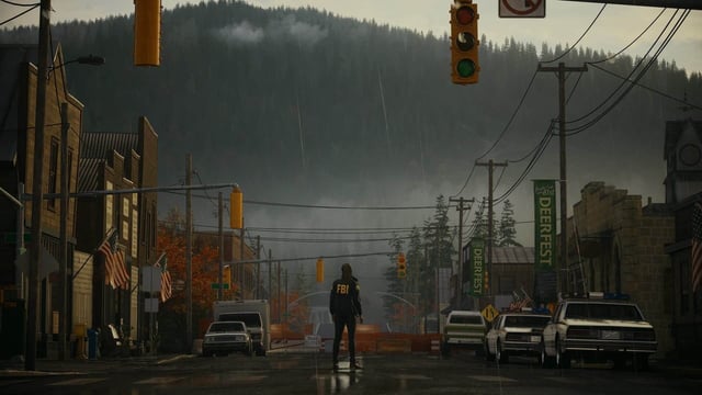 A surreal and distorted environment representing Alan Wake's mental state