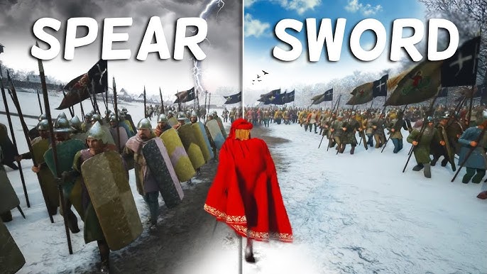 A close-up screenshot of a tactical battle scene in Manor Lords. Show a clash between two medieval armies, with soldiers in period-accurate armor engaged in fierce combat. Focus on the chaos and intensity of the battle, showcasing the strategic challenges of unit positioning and terrain management. The lighting is dramatic, with dynamic shadows and a realistic color palette.