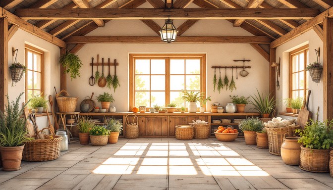 A sunlit rustic kitchen with natural elements and a warm, inviting atmosphere, embodying the essence of farmhouse living.