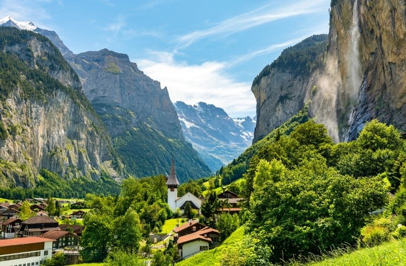 Lauterbrunnen view with Staubbach Falls visible in the background.