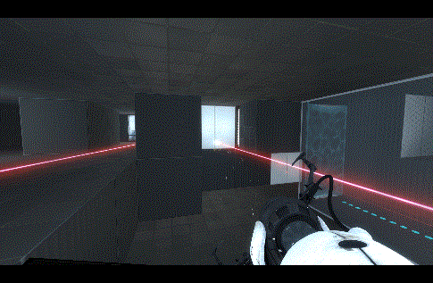 A GIF showing a player using a portal to solve a complex puzzle.