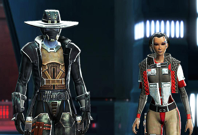 A character holding a unique-looking high-tech pistol, indicating the specialized gear and weaponry available to bounty hunters.
