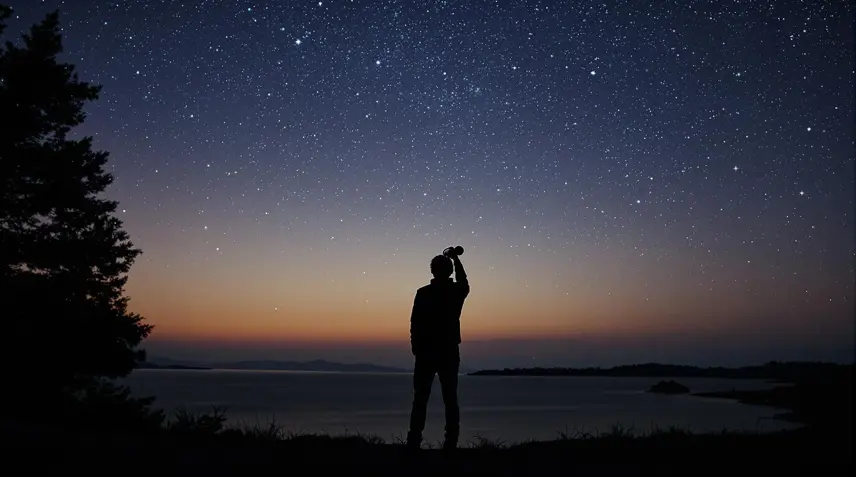 A panoramic view of a dark night sky over a desert landscape, showcasing the Milky Way and countless stars.