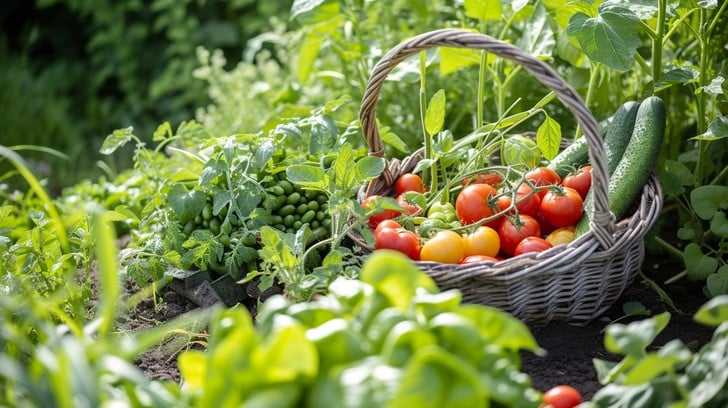 Shot of late summer vegetables from the garden spilling from a basket
