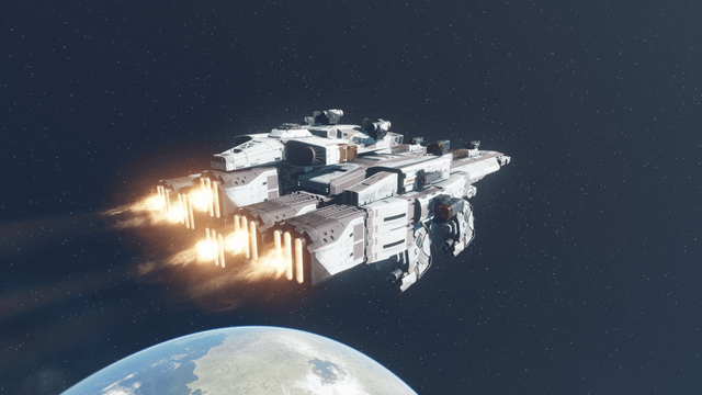 A custom-designed player ship docked at a vibrant space station, showcasing detailed ship design and interior lighting.