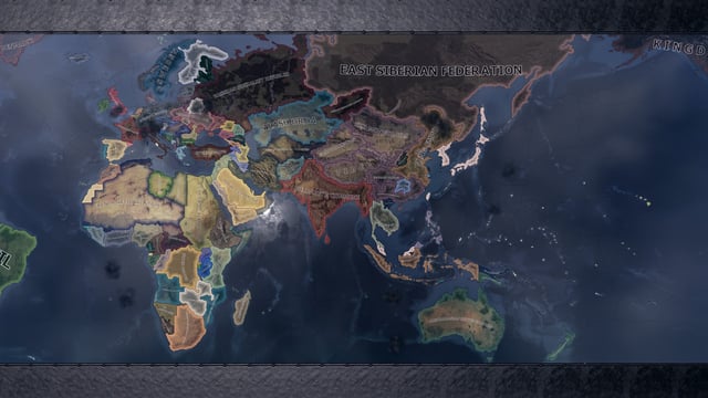 A screenshot of gameplay as the Bharatiya Commune, showing the chaotic political situation in India. Focus on a zoomed-out map view showing the various Indian factions and the landscapes (plains and jungles). The lighting should reflect the game's dynamic day/night cycle, preferably during the late afternoon for dramatic shadows.