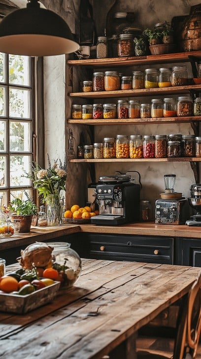 Rustic Kitchen Interior With Open Shelving, Wooden Accents, and Plants.