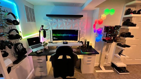 A fully assembled gaming PC setup in a dedicated gaming room, complete with peripherals and a gaming monitor.