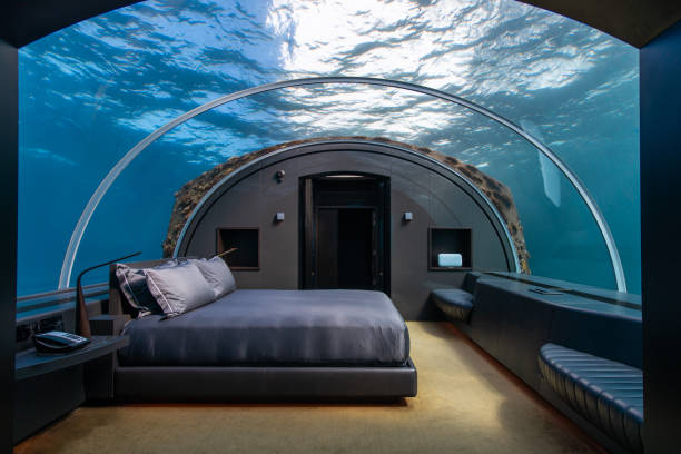 The interior of The Muraka's underwater bedroom, showcasing the curved acrylic ceiling and walls with diverse marine life visible outside, including colorful fish and coral reefs.
