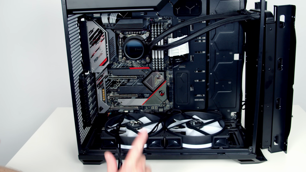 Completed PC build inside the Fractal Design Torrent case with the custom water-cooling loop, RGB lighting, and cable management