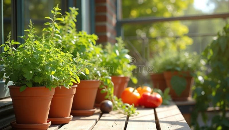 Fresh herbs tomatoes grow pots urban balcony green plants seasonal harvest organic gardening kitchen garden concept healthy