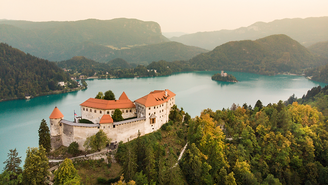 Lake Bled with Bled Island, Bled Castle, and the Julian Alps in the background