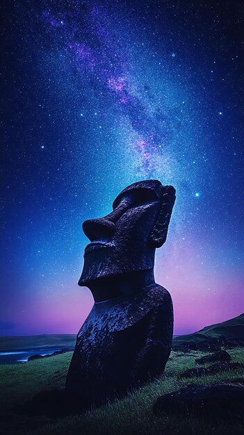 Moai statues under the Milky Way at night