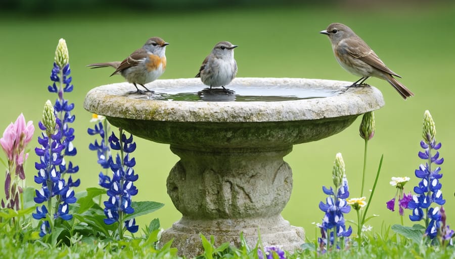 bird drinking birdbath garden flowers