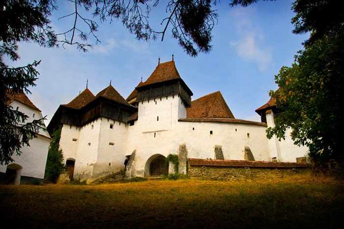 Bran Castle, Transylvania, Romania, perched on a rocky crag, with surrounding forests.