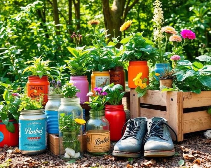 Repurposed household items used as garden containers.