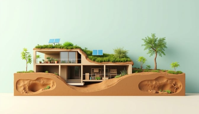 A cutaway illustration of a sustainable house showing various systems.