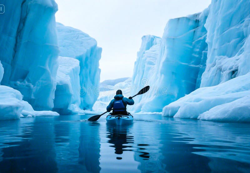 A kayaker navigating a narrow, icy channel in Slovenia, showcasing the unique perspective and serene beauty of snow kayaking.