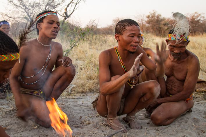 A mokoro gently gliding through the Okavango Delta, surrounded by reeds and reflecting the clear blue sky. The scene exudes tranquility and natural beauty.