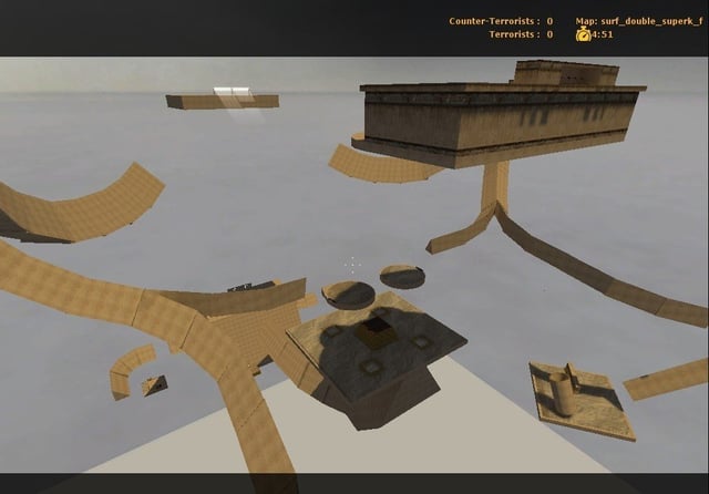 Screenshot of surf_greatriver during a competitive event. Show multiple surfers racing in parallel. Lighting should be dark and moody