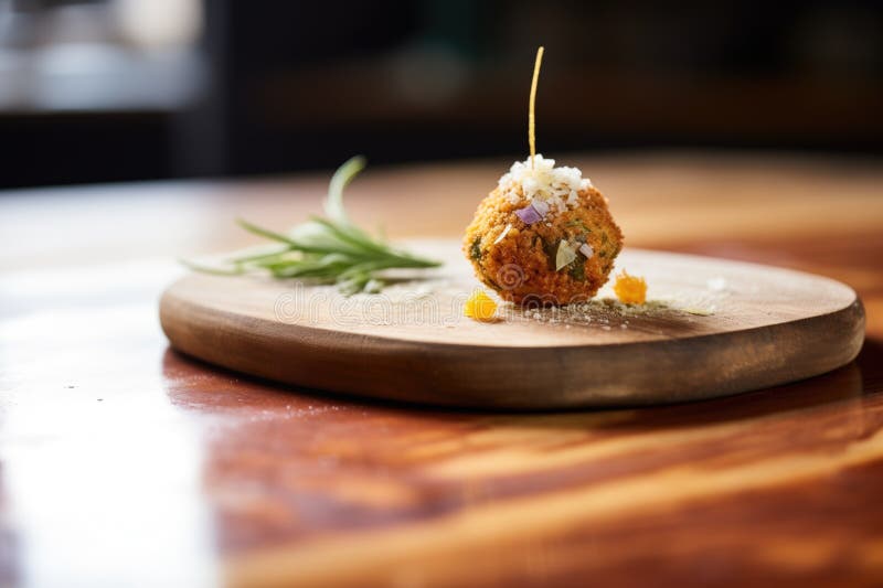 A close-up shot of a perfectly golden Arancina being held.