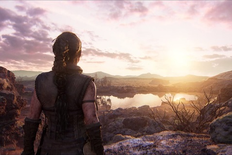 Close-up of Senua's face, showcasing the detailed textures and emotional expression captured in Hellblade II