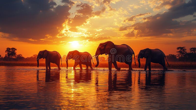A herd of elephants drinking at a watering hole in the Okavango Delta at sunset.