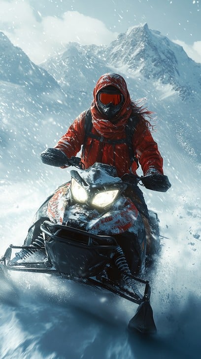 A snowmobile speeds across a snow-covered landscape with mountains in the background, illustrating the thrill of winter adventure.