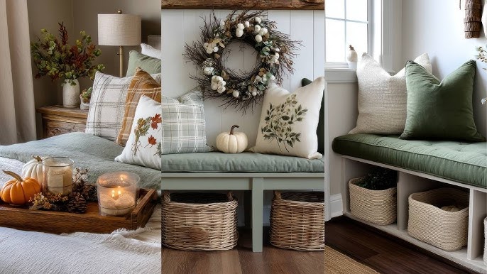 A console table styled with pumpkins, candles, and fall foliage.
