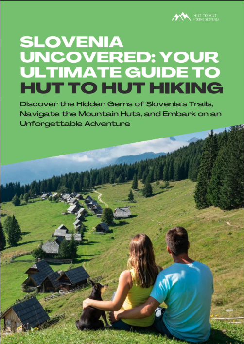 Hikers enjoying a traditional Slovenian meal outside a mountain hut in the Julian Alps.