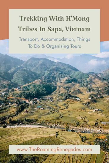 A woman treks through vibrant green rice terraces in Sapa, guided by a member of the Hmong hill tribe. The photo captures the scale of the terraces and the lush mountain scenery.