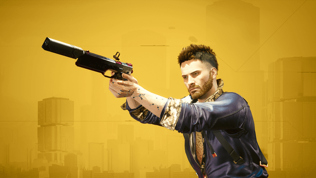 Official Cyberpunk 2077 promotional art featuring V in a stealthy pose