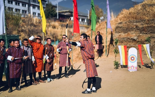 View of the Paro Valley with prayer flags and traditional houses
