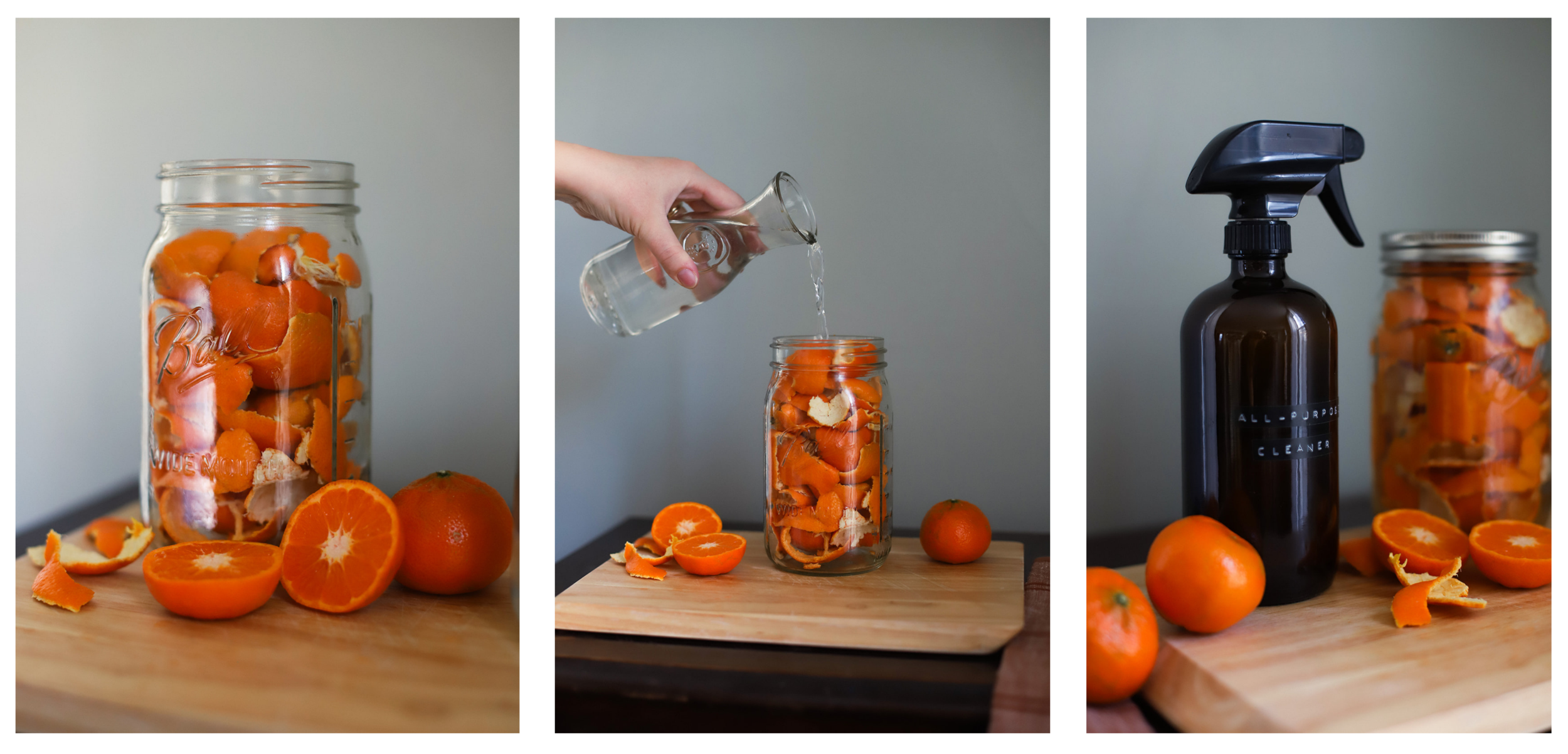hands pouring vinegar over citrus peels