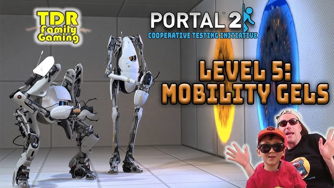 A final shot of the player character traversing a long, narrow corridor with portals placed at the end, creating a sense of depth and progression.