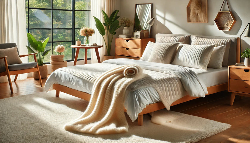 A hand gently sprinkling baking soda onto a folded wool sweater.