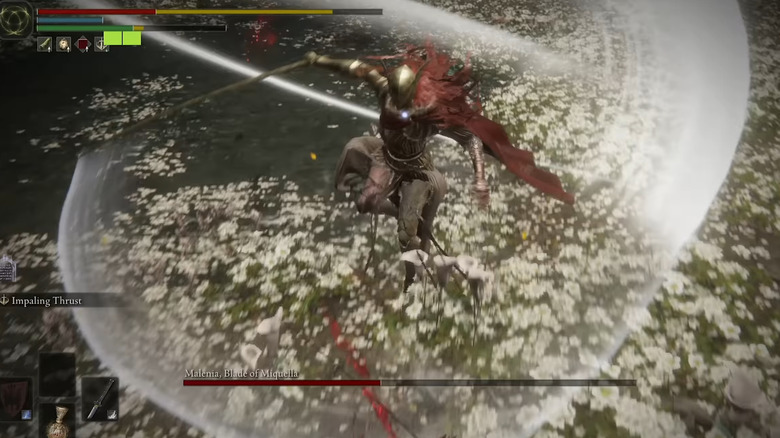 A close-up HUD view showing Malenia's health bar rapidly depleting under a Bleed build