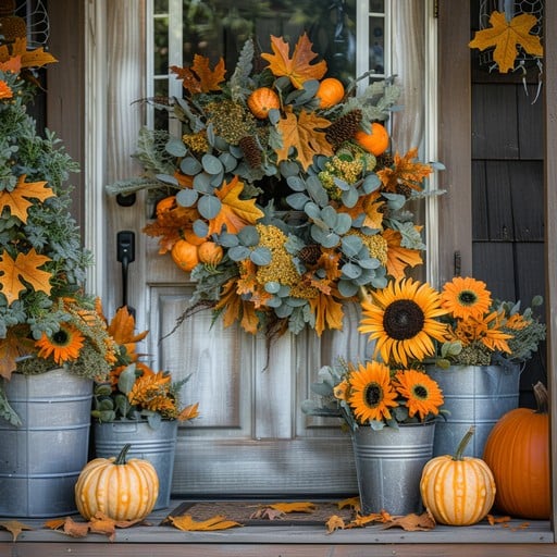 Autumn door decor with pumpkins, mums, and a wreath