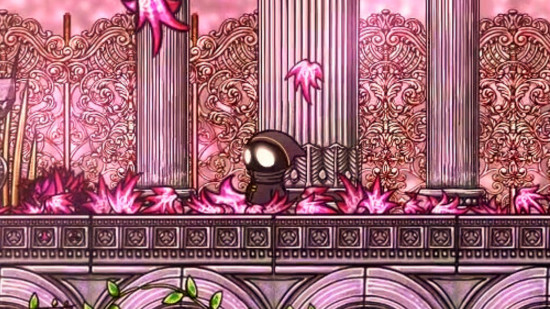 A panoramic view of the environment in Silksong, where Hornet is seen traversing a part of the game world. The environment is rich with detail and features a distinct art style with a range of textures and lighting effects.