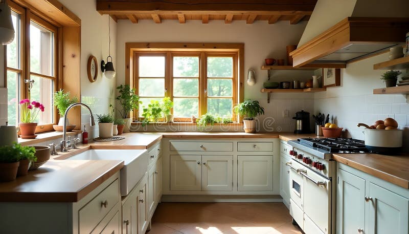 A cozy farmhouse kitchen with sunlight streaming through the windows, creating a bright and inviting space filled with natural light.