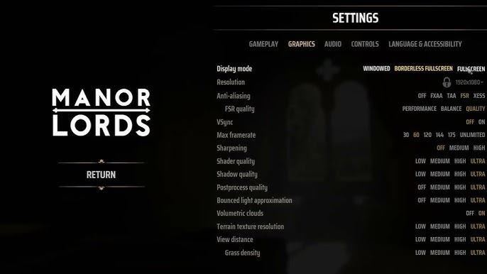 Side-by-side comparison of Manor Lords graphics: On the left, slightly pixelated with lower textures; on the right, improved graphics with higher resolution textures, better lighting, and sharper details. This visually demonstrates the patch's impact.