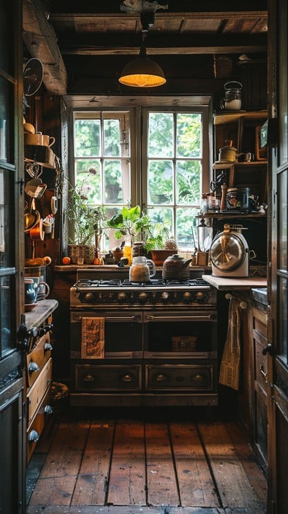Close-up of antique silverware arranged in mason jars on a shelf of a farmhouse hutch, with recipe cards displayed on a small wooden easel.