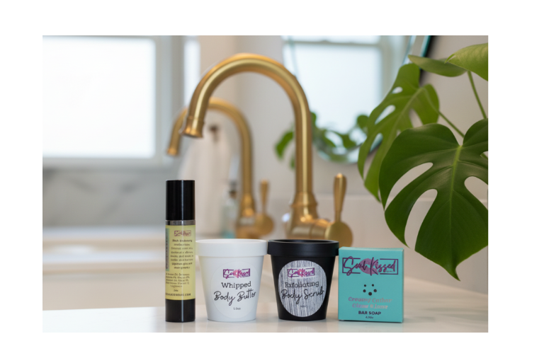 Image showcasing various "Suds & Soul" soap products with ethical sourcing labels and happy customers.