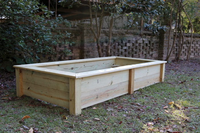 A person examining the healthy soil in a raised garden bed.